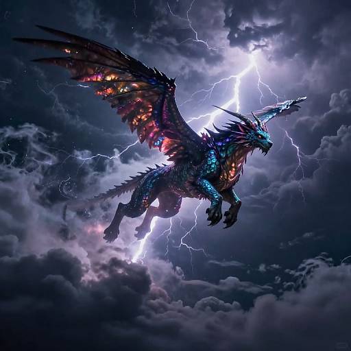 Digital artwork of a fierce, winged dragon with glowing blue and red scales, surrounded by lightning in a stormy, dark cloud-filled sky.