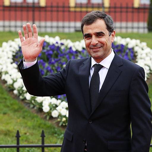 Middle-aged Man Waving in Garden