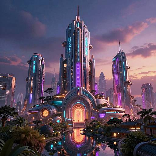 Neon-lit futuristic skyscrapers with glowing purple and blue lights, reflecting in a calm water pool, set against a twilight sky. Digital artwork