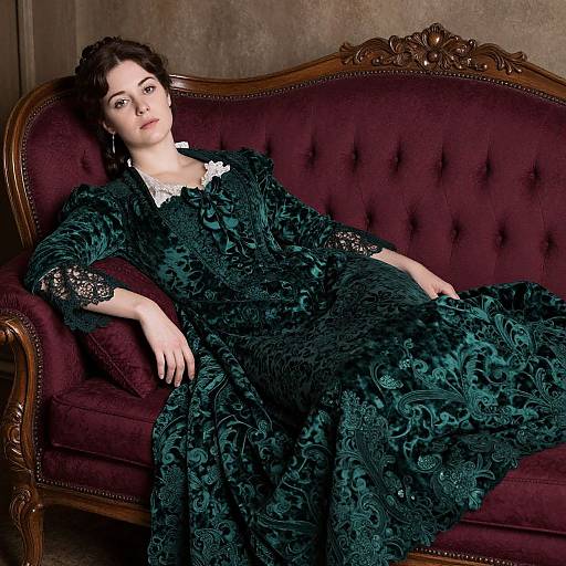 Photograph of a pale-skinned woman with dark hair, wearing an ornate, teal, Victorian-style dress, reclining on an antique, burg