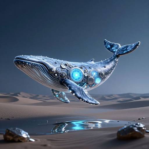 CGI image of a metallic, glowing blue whale with circular light orbs on its body, floating above a desert sand dune reflecting its light.