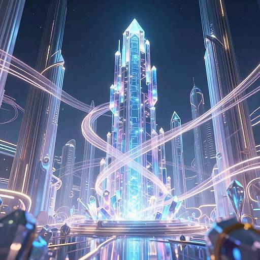 Digital CGI artwork of a glowing, futuristic cityscape with neon blue and white lights, towering skyscrapers, and swirling light trails against a dark night