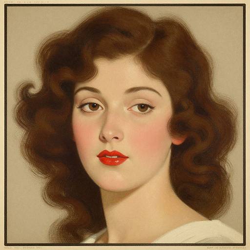 Vintage-style digital portrait of a fair-skinned woman with wavy brown hair, red lipstick, and soft pink cheeks, against a beige background.