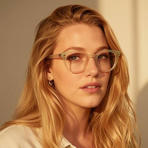 Photograph of a blonde woman with wavy hair, wearing oversized clear glasses and a white top, bathed in warm sunlight.