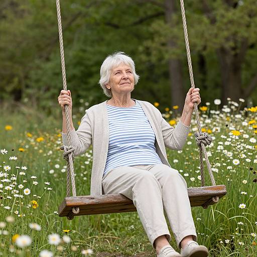Photograph of an elderly woman with white hair, wearing a striped shirt and beige cardigan, sitting on a wooden swing in a meadow filled with