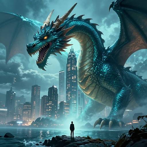 Digital artwork: Giant blue dragon with glowing orange eyes looms over a cityscape at night, a small silhouette stands on the shore.