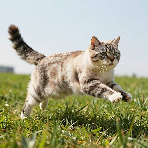 Photograph of a small, tabby and white kitten with blue eyes running across a sunlit, green grassy field. Background is a clear,