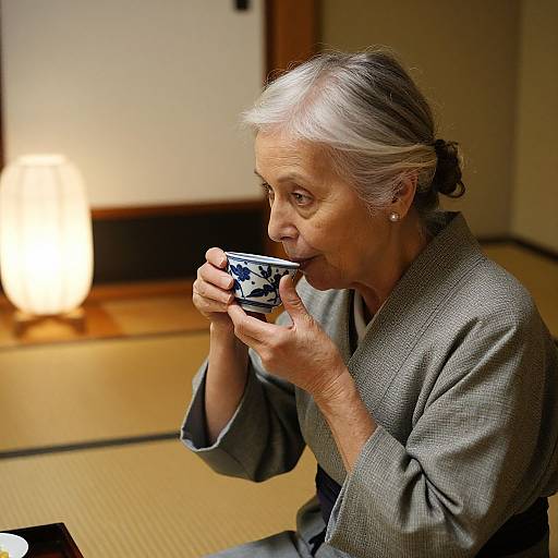 Photograph of an elderly Japanese woman with white hair in a grey kimono, sipping tea from a blue and white cup, in a traditional tat