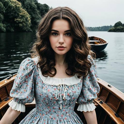 Young Woman in Vintage Floral Dress on Boat