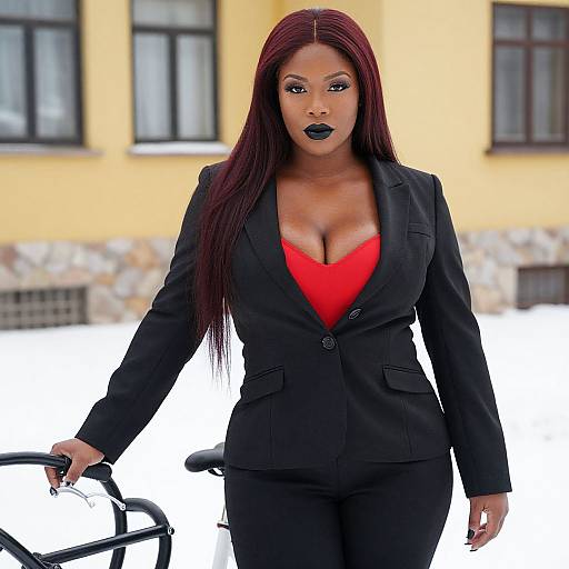 Photograph of a confident Black woman with long red hair, wearing a black blazer over a low-cut red top, holding a wheelchair, standing in