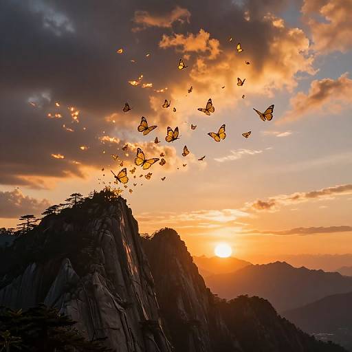 Photograph of a sunset over a mountain peak with silhouetted trees, orange sky, and a flock of yellow butterflies flying upwards.