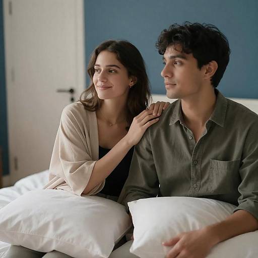 Couple Sitting Together on Bed
