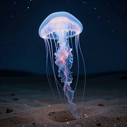 Photograph of a glowing blue jellyfish with translucent tentacles, floating in a dark, starlit ocean, illuminated from within.