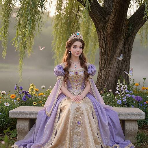 Photograph of a young princess with long brown hair, wearing a lavender and gold gown, tiara, and necklace, sitting on a stone bench in