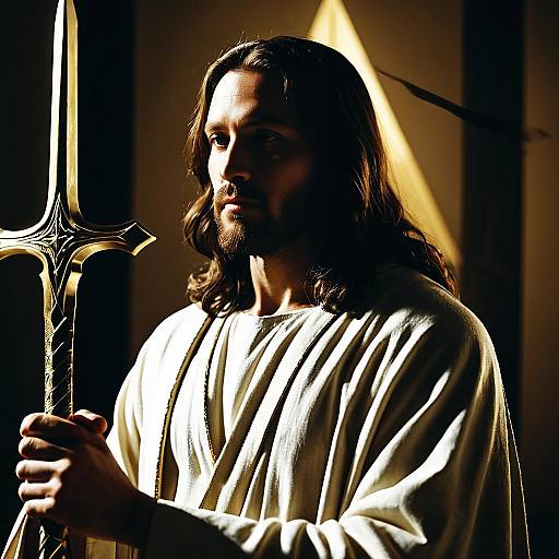 Contemplative Jesus with Golden Sword