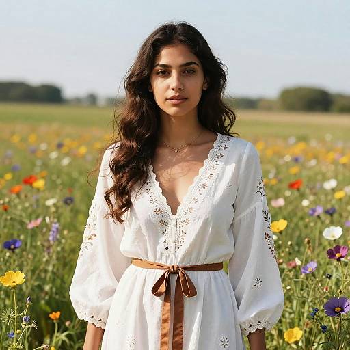 Photograph of a young South Asian woman with long, wavy black hair, wearing a white, lace-trimmed, V-neck dress with a