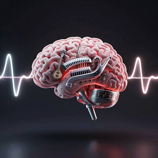 Digital art of a pink brain with guitar and amplifier, red light effects, and white ECG line in dark background.
