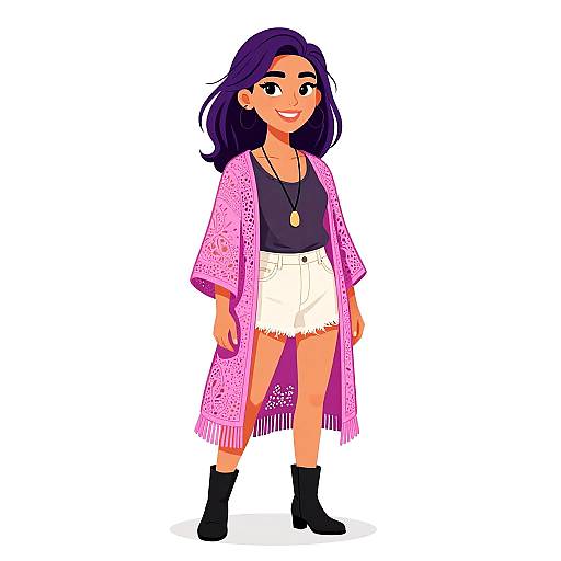 Digital illustration of a smiling woman with purple hair, wearing a pink fringe cardigan, black top, white shorts, black ankle boots, and a necklace