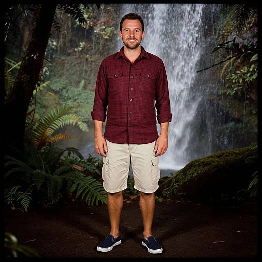 Photograph of a smiling, bearded man in a maroon checkered shirt, beige cargo shorts, and navy sneakers, standing in front of a