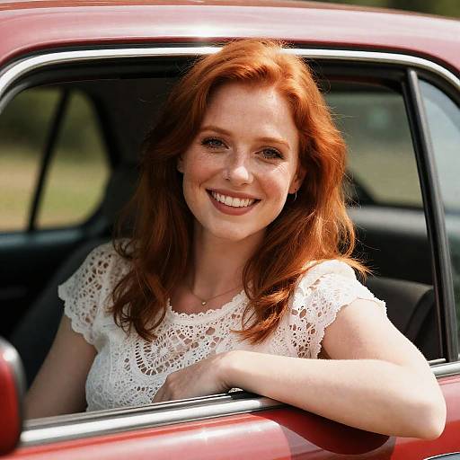 Joyful Redhead Leaning Out of Car