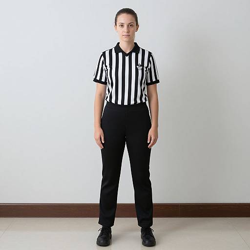 Photograph of a young woman in black-and-white striped referee uniform, standing against a plain white wall and wooden baseboard.