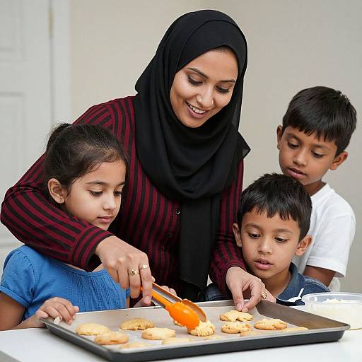 Photograph: South Asian woman in black hijab and red striped shirt teaches baking to three young boys, focusing on orange cookie tray.