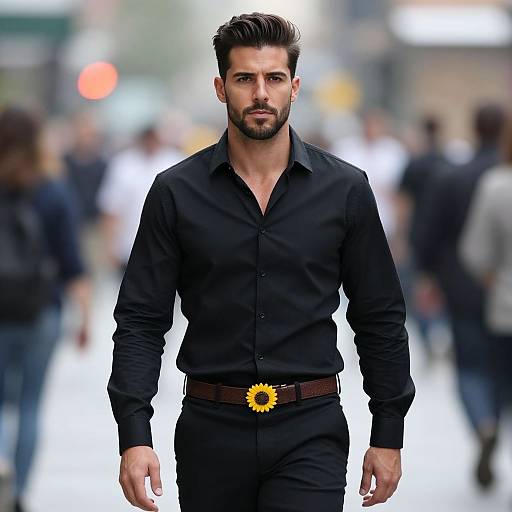 Photograph of a handsome, bearded man with dark hair, wearing a black button-up shirt, black pants, and a sunflower belt buckle,