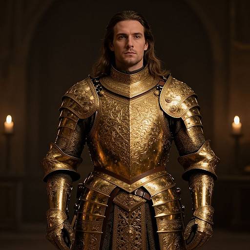 Photograph of a stern-faced, long-haired man in ornate, golden medieval armor standing in a dimly lit, candle-lit room.
