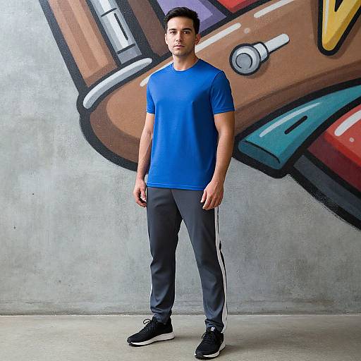 Photograph of a fit young man with short dark hair, wearing a blue t-shirt, gray track pants, and black sneakers, standing against a colorful