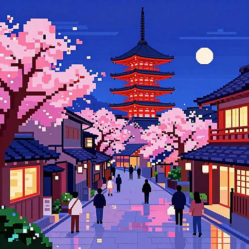 Pixel art of a nighttime Japanese street with cherry blossoms, red pagoda, full moon, and people walking under illuminated buildings.