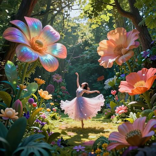 Digital art: Enchanted forest scene with a ballerina in a white, sparkly dress twirling amidst giant, glowing flowers and lush green