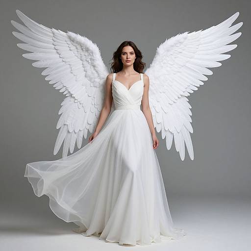 Photograph of a dark-haired woman in a white, flowing wedding dress with large, white, feathered angel wings, standing against a gray background.