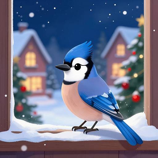 Digital illustration of a blue jay with bright blue and white feathers, perched on a snowy windowsill, gazing at a snowy, Christmas-l