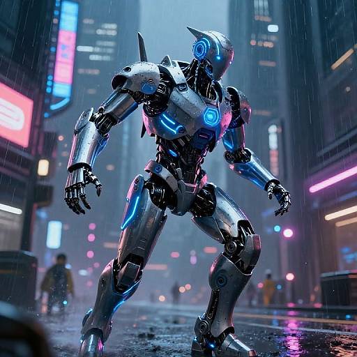 CGI image of a futuristic, blue-accented, silver robotic warrior standing in a rainy, neon-lit city street at night.