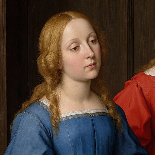 Renaissance portrait of a fair-skinned, red-haired woman with wavy hair, wearing a blue dress with white trim, against a dark wooden
