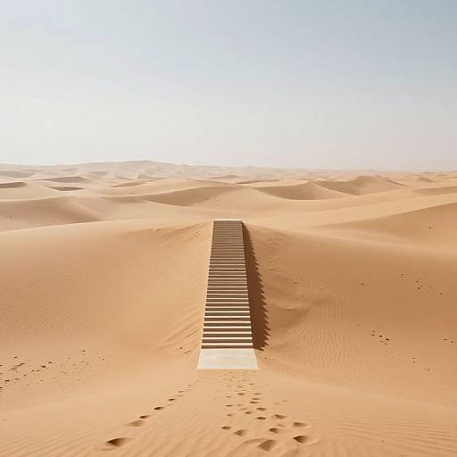 Photograph of a long, narrow, wooden boardwalk stretching through endless, sunlit, orange sand dunes under a clear, bright blue sky.