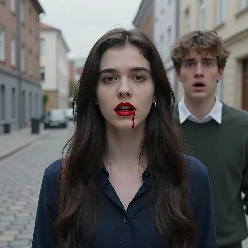 Young woman with blood dripping from mouth and shocked man behind