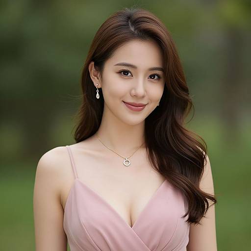 Photograph of a smiling Asian woman with long, wavy brown hair, wearing a pink V-neck dress, silver necklace, and drop earrings, standing