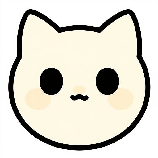 Simple digital drawing of a cute, white, cat-like face with black outline, black circular eyes, and small black mouth on a white background.