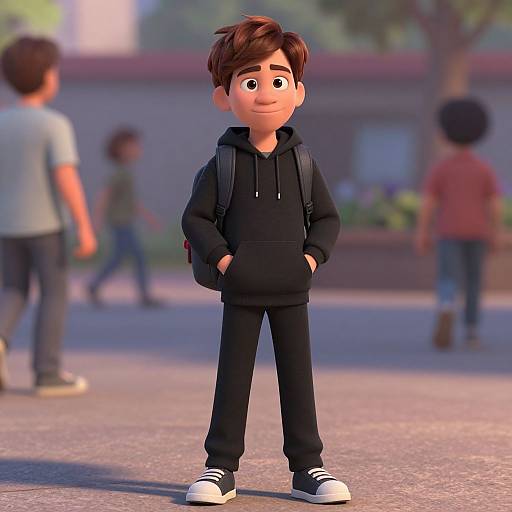 3D CGI image of a cute, smiling boy with brown hair, wearing a black hoodie, black pants, and white sneakers, standing in a blurred