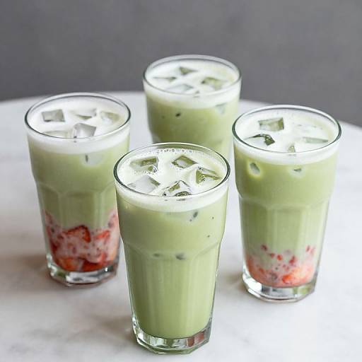 Photograph of four glass cups filled with green smoothies, topped with ice cubes, and visible red berry layers, on a white marble surface with a