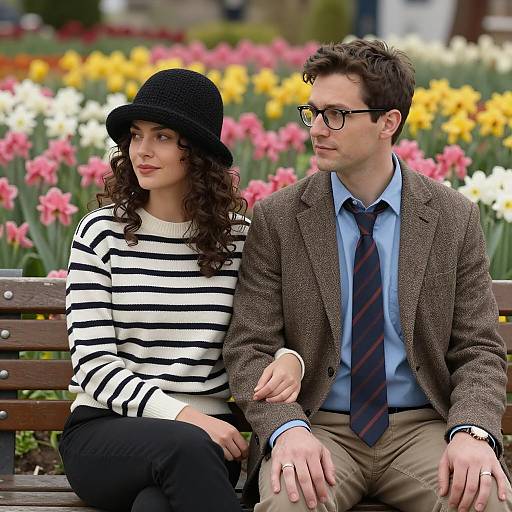 Young Couple Sitting on Bench in Flower Garden