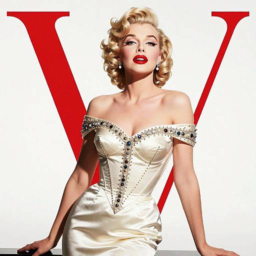 Photograph of a blonde woman with curled hair, wearing a sparkling off-shoulder satin dress, red lipstick, and earrings, against a white background