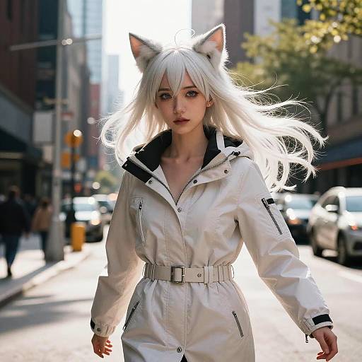Digital art of a white-haired woman with cat ears, wearing a white parka, walking on a sunlit urban street. Bright sunlight highlights her hair