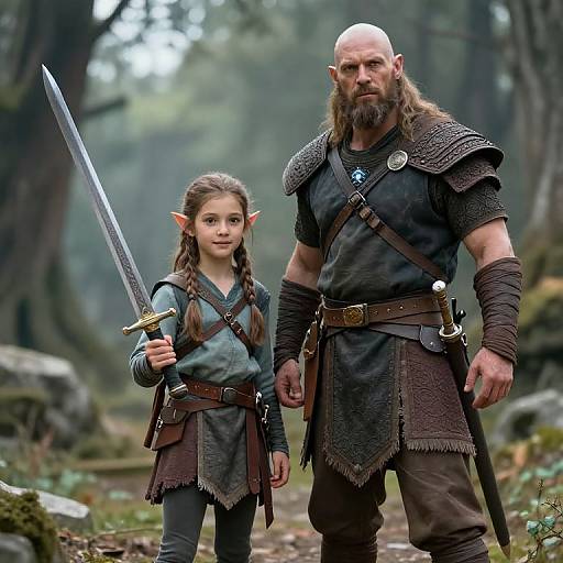 Photograph of a tall, muscular bearded man with a bald head and a young girl with long braids, both wearing medieval fantasy armor, holding