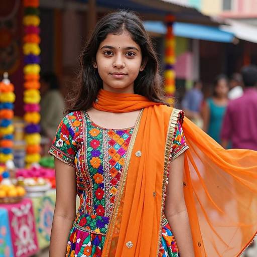 Photograph of a young Indian girl with dark hair, wearing a colorful floral embroidered saree and bright orange scarf, standing outdoors in a vibrant market with