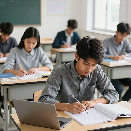 Photograph of Asian students in a classroom, focused on writing and studying. Foreground student with laptop, grey shirt, concentrating on notebook, while others