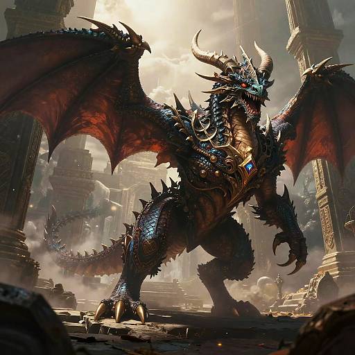 Digital art of a massive, dark red, blue-scaled dragon with glowing eyes and horns, standing in a ruined, sunlit ancient city.