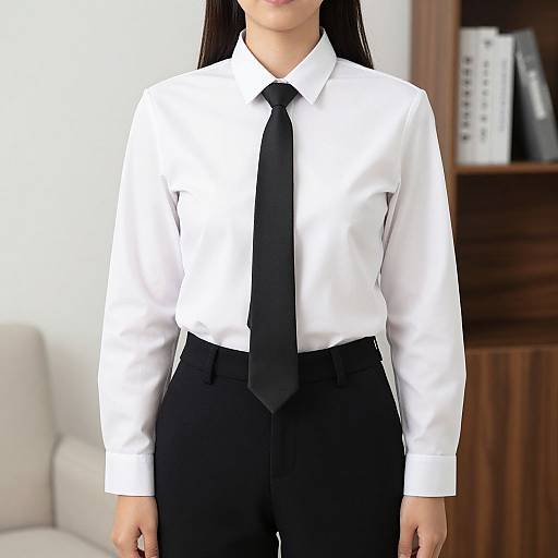 Photograph of an Asian woman with long black hair, wearing a white dress shirt, black tie, and black high-waisted pants, standing in