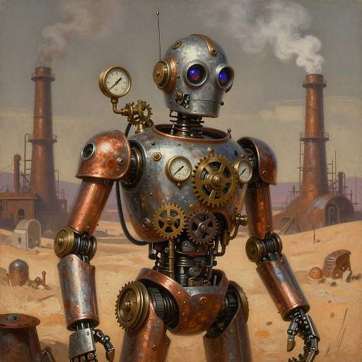 Steampunk Robot Engineer in Desert